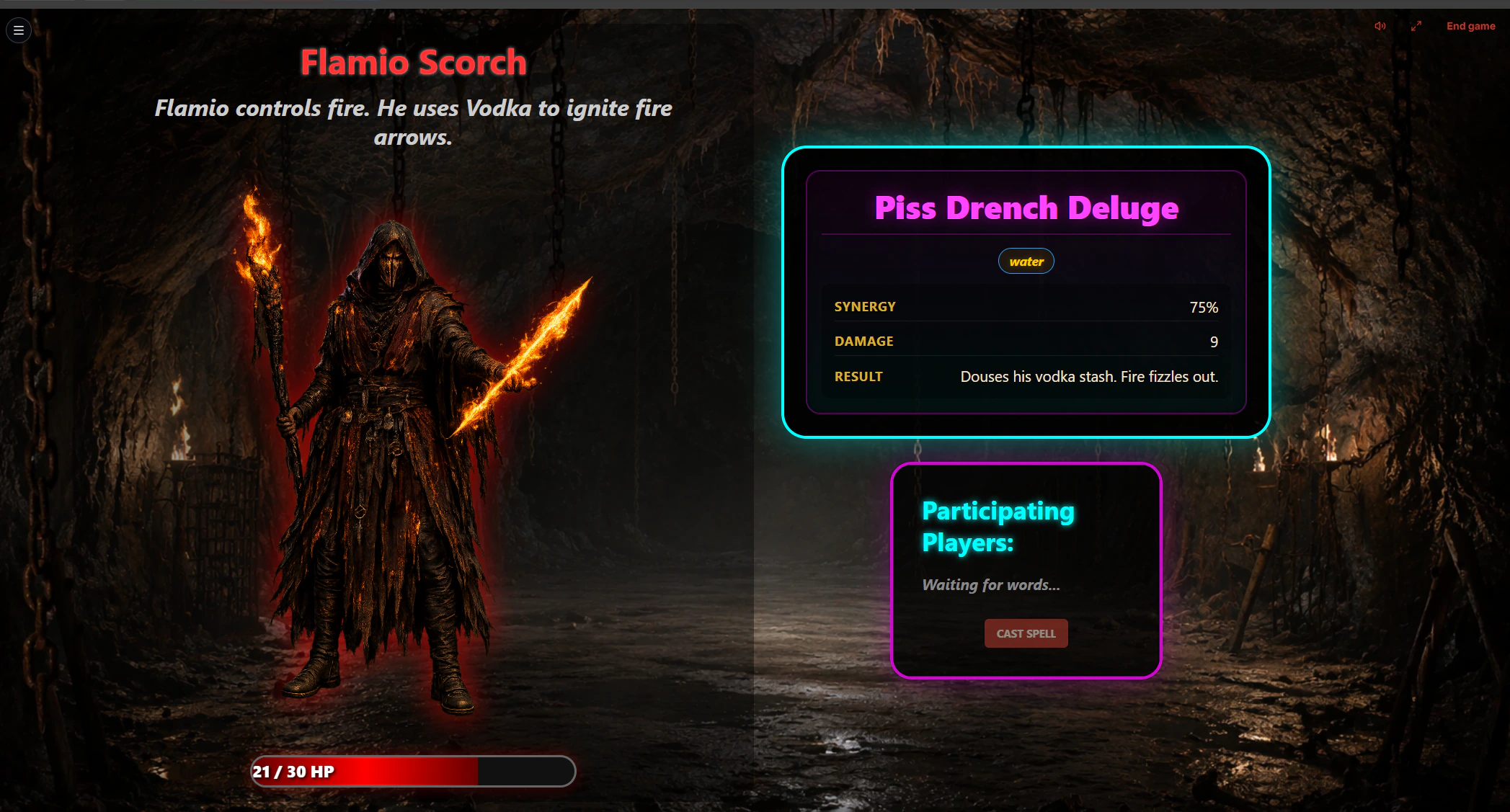 A flame-wielding dungeon enemy faces the Piss Drench Deluge spell results panel.