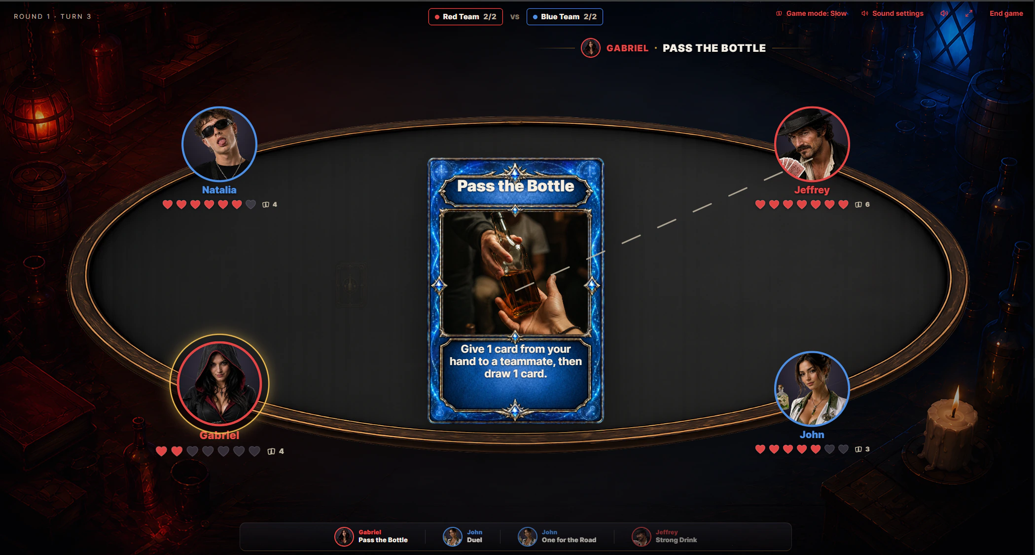 The shared battle table shows four players and a Pass the Bottle card in play.