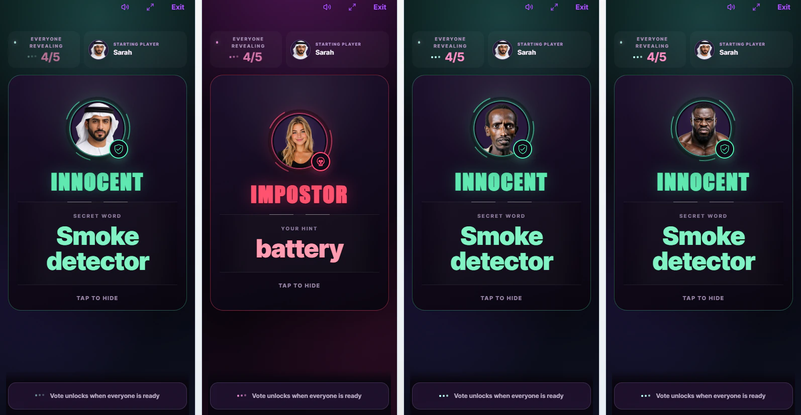 Four phones reveal three Innocent roles with a secret word and one Impostor hint.